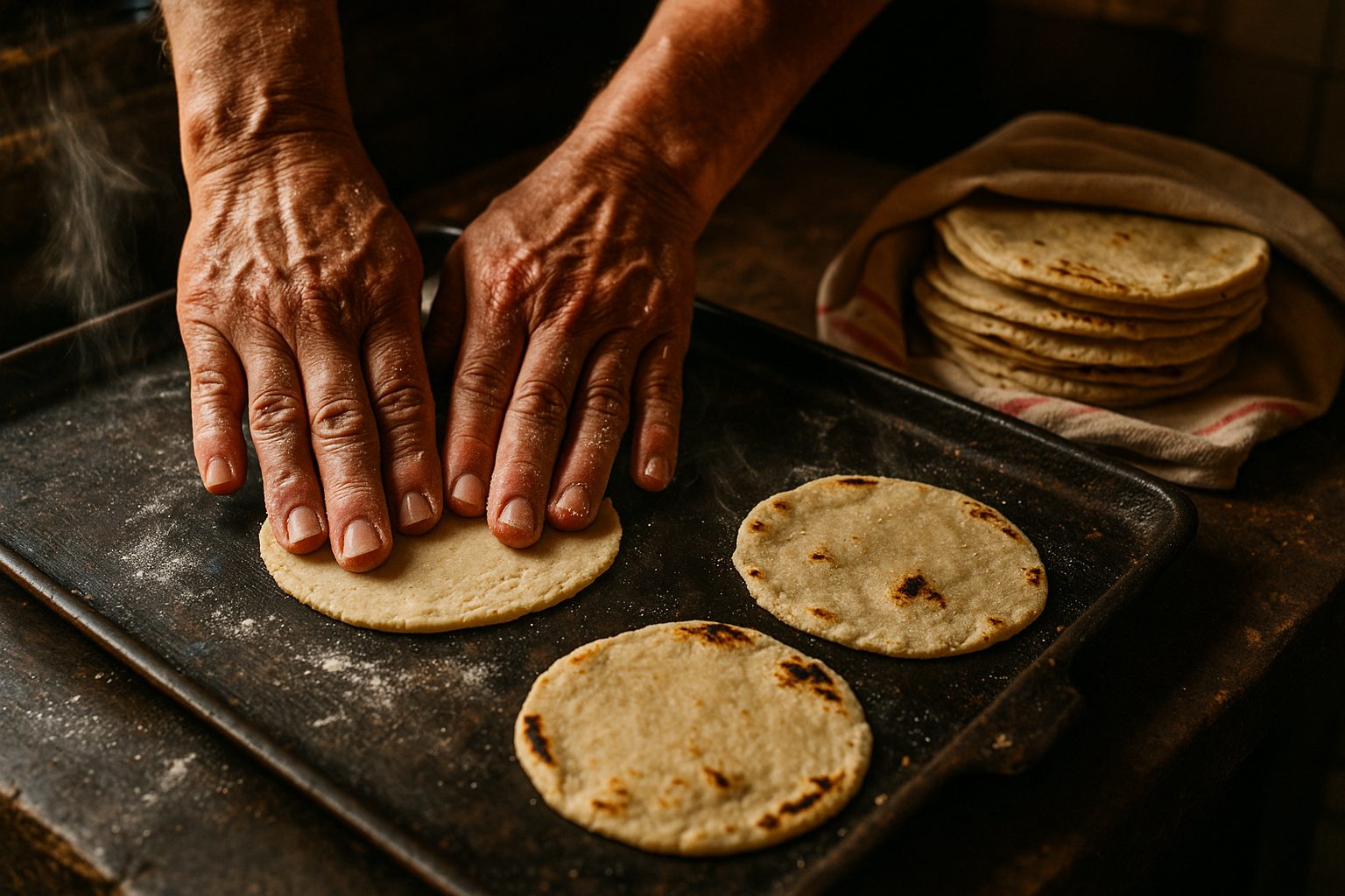 Fresh corn tortillas pressed on the comal